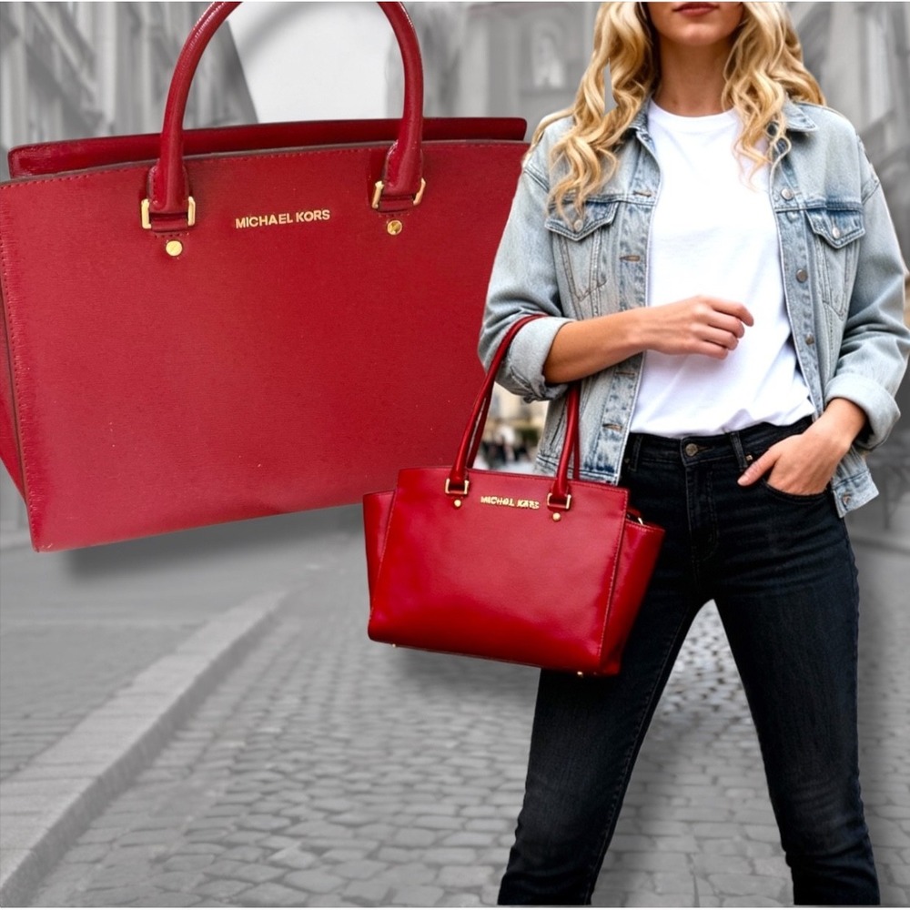 MIchael Kors SELMA LARGE Saffiano Leather Satchel Handbag Cherry Red